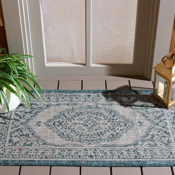SAFAVIEH Courtyard Avi Traditional Indoor/Outdoor Area Rug, 2' x 3'7", Light Grey/Teal