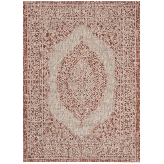 SAFAVIEH Courtyard Avi Traditional Indoor/Outdoor Area Rug, 4' x 5'7", Light Beige/Terracotta