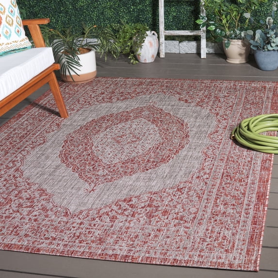 SAFAVIEH Courtyard Avi Traditional Indoor/Outdoor Area Rug, 4' x 5'7", Light Beige/Terracotta