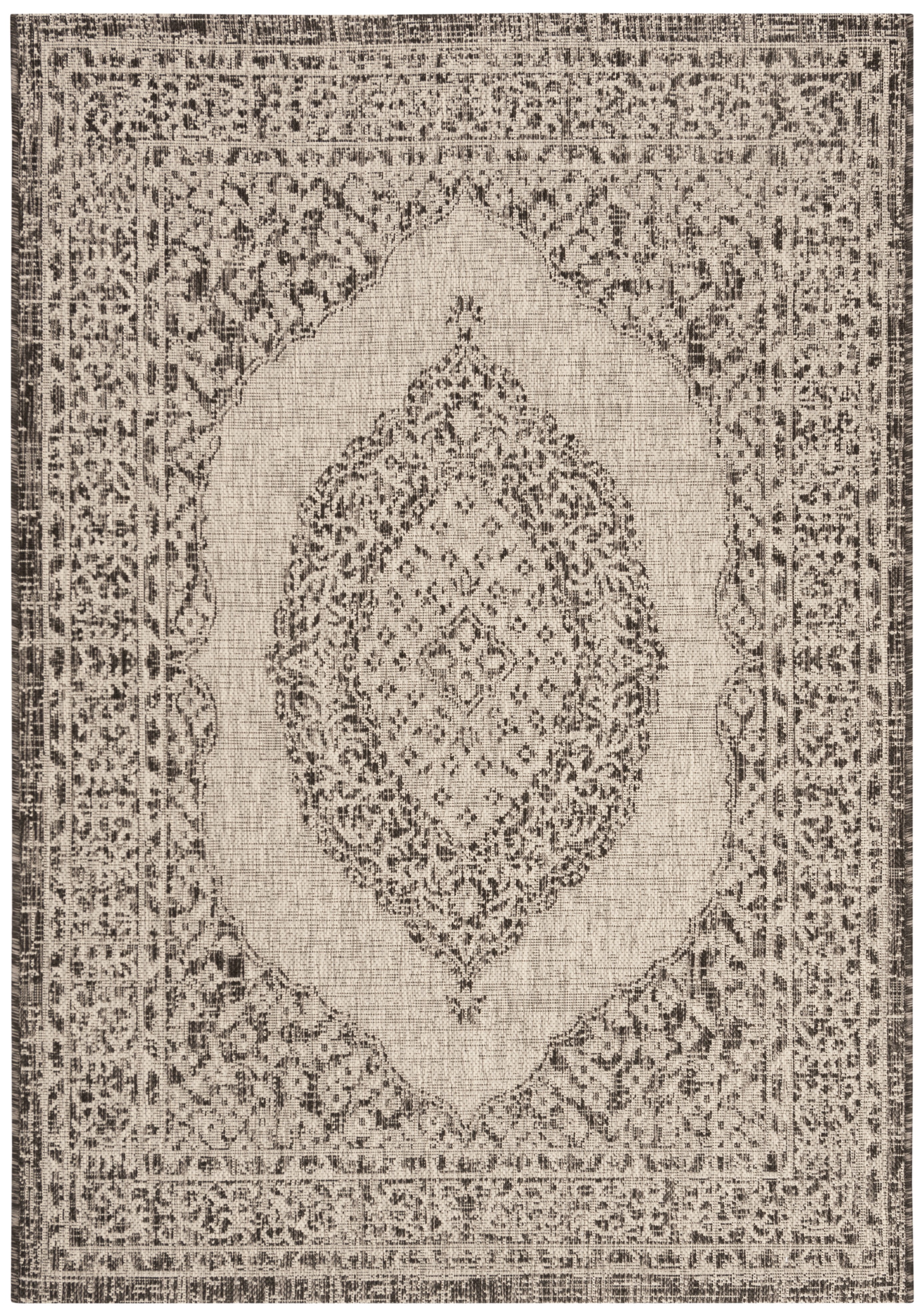 SAFAVIEH Courtyard Avi Traditional Indoor/Outdoor Area Rug, 4' x 5'7", Light Grey/Black