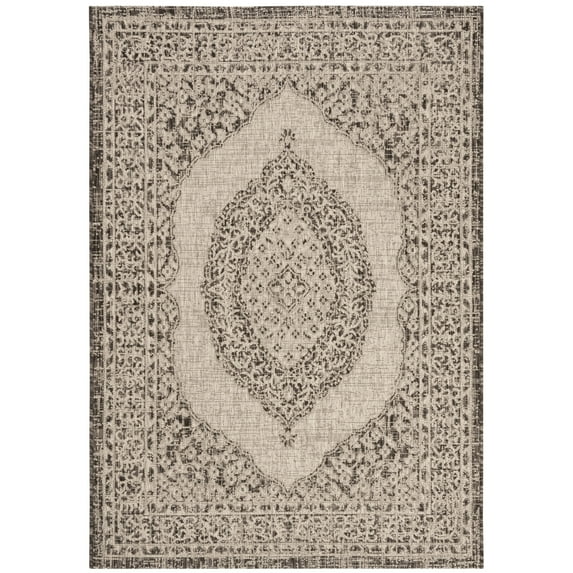SAFAVIEH Courtyard Avi Traditional Indoor/Outdoor Area Rug, 4' x 5'7", Light Grey/Black