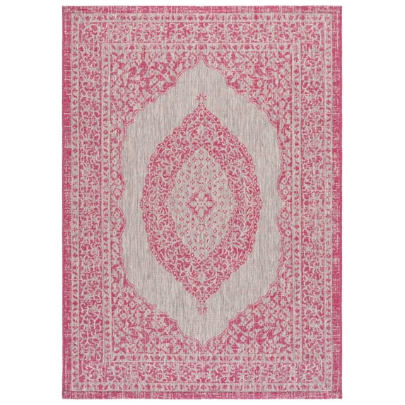 SAFAVIEH Courtyard Avi Traditional Indoor/Outdoor Area Rug, 4' x 5'7", Light Grey/Fuchsia
