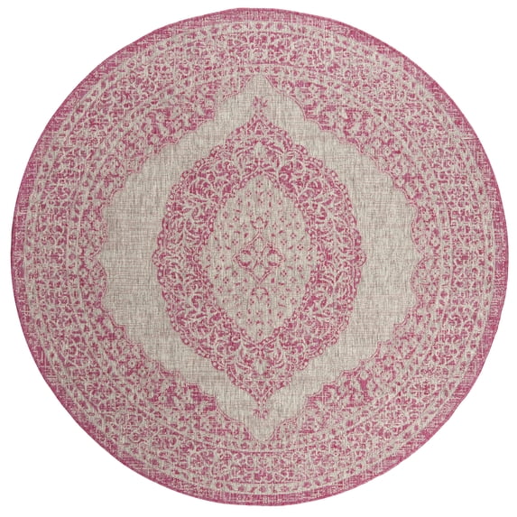 SAFAVIEH Courtyard Avi Traditional Indoor/Outdoor Area Rug, 5'3" x 5'3" Round, Light Grey/Fuchsia