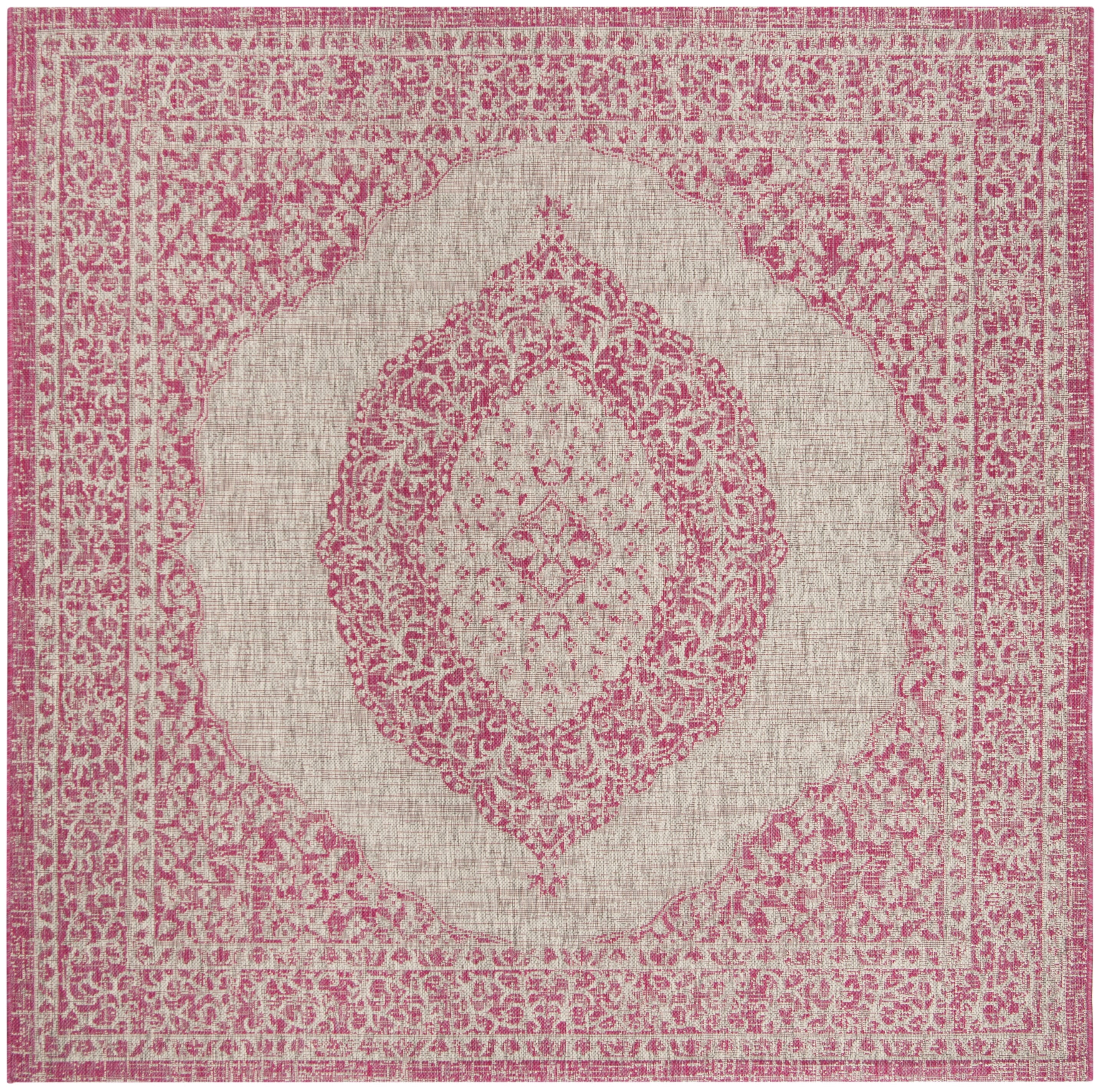 SAFAVIEH Courtyard Avi Traditional Indoor/Outdoor Area Rug, 5'3" x 5'3" Square, Light Grey/Fuchsia