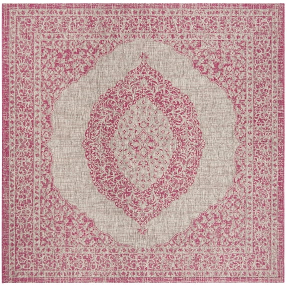 SAFAVIEH Courtyard Avi Traditional Indoor/Outdoor Area Rug, 5'3" x 5'3" Square, Light Grey/Fuchsia