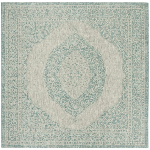 SAFAVIEH Courtyard Avi Traditional Indoor/Outdoor Area Rug, 6'7" x 6'7" Square, Light Grey/Aqua