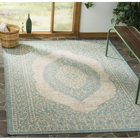 SAFAVIEH Courtyard Avi Traditional Indoor/Outdoor Area Rug, 6'7" x 9'6", Light Grey/Aqua
