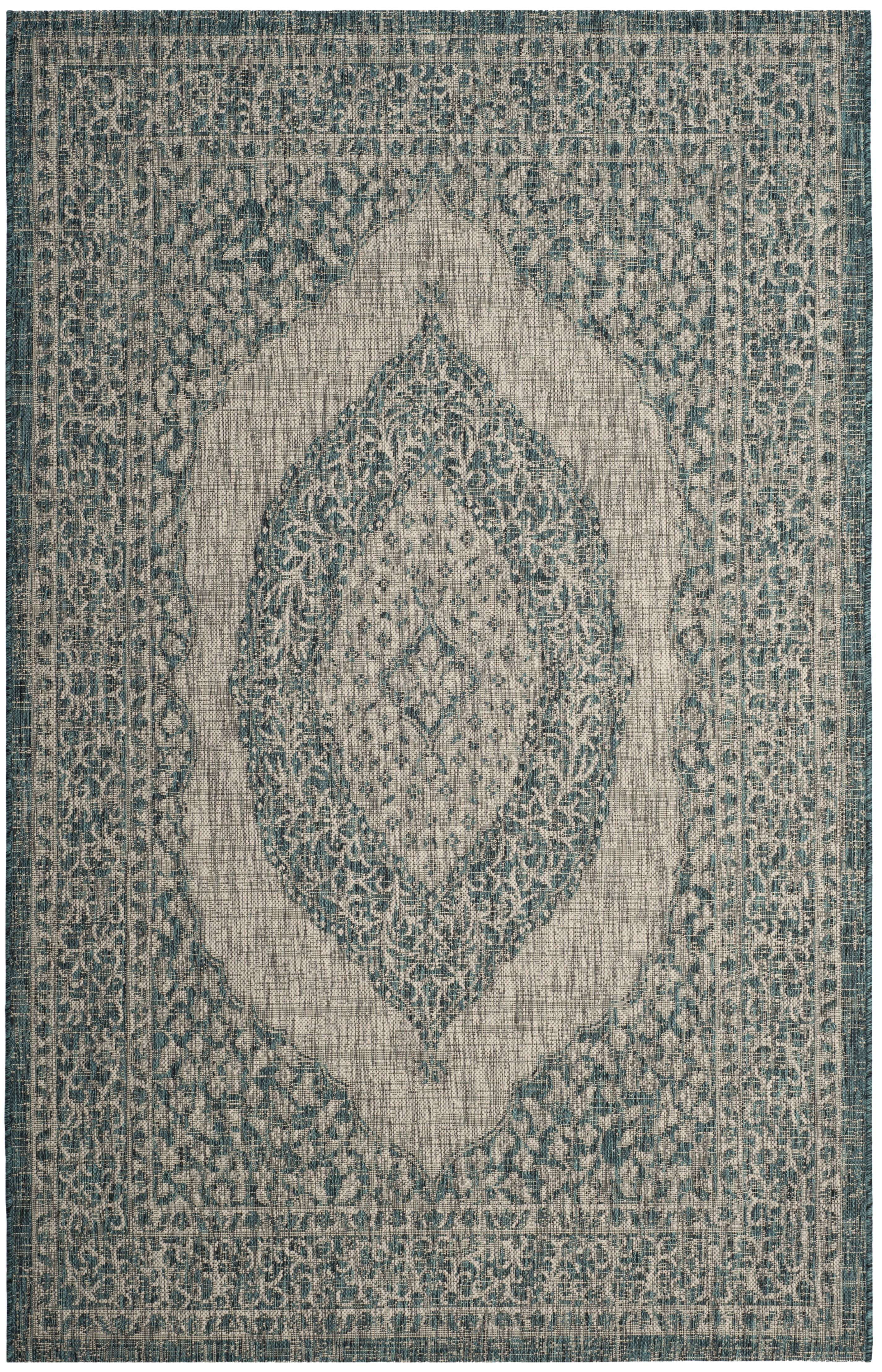 SAFAVIEH Courtyard Avi Traditional Indoor/Outdoor Area Rug, 6'7" x 9'6", Light Grey/Teal