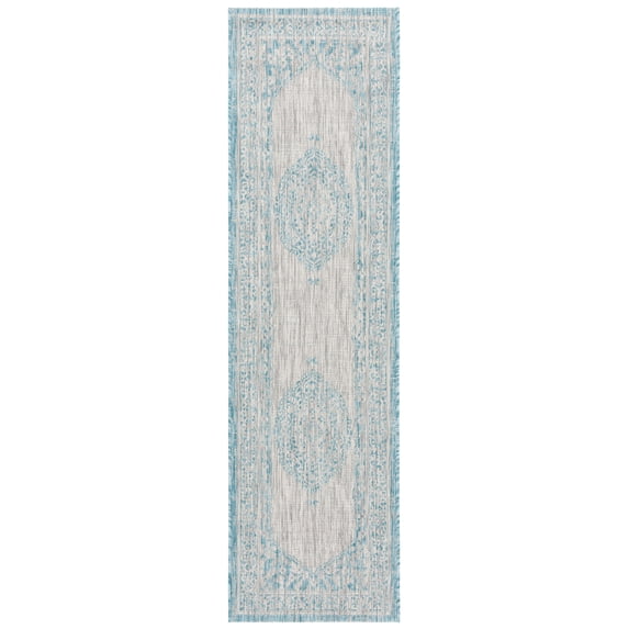 SAFAVIEH Courtyard Avi Traditional Indoor/Outdoor Runner, 2'3" x 8', Light Grey/Aqua