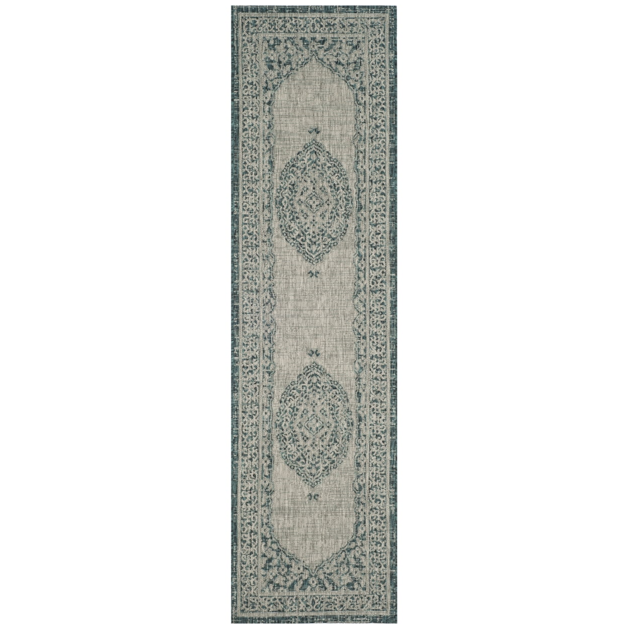 Light Grey/Teal Flat-Woven Synthetic 2'3" x 8' Reversible Runner Rug