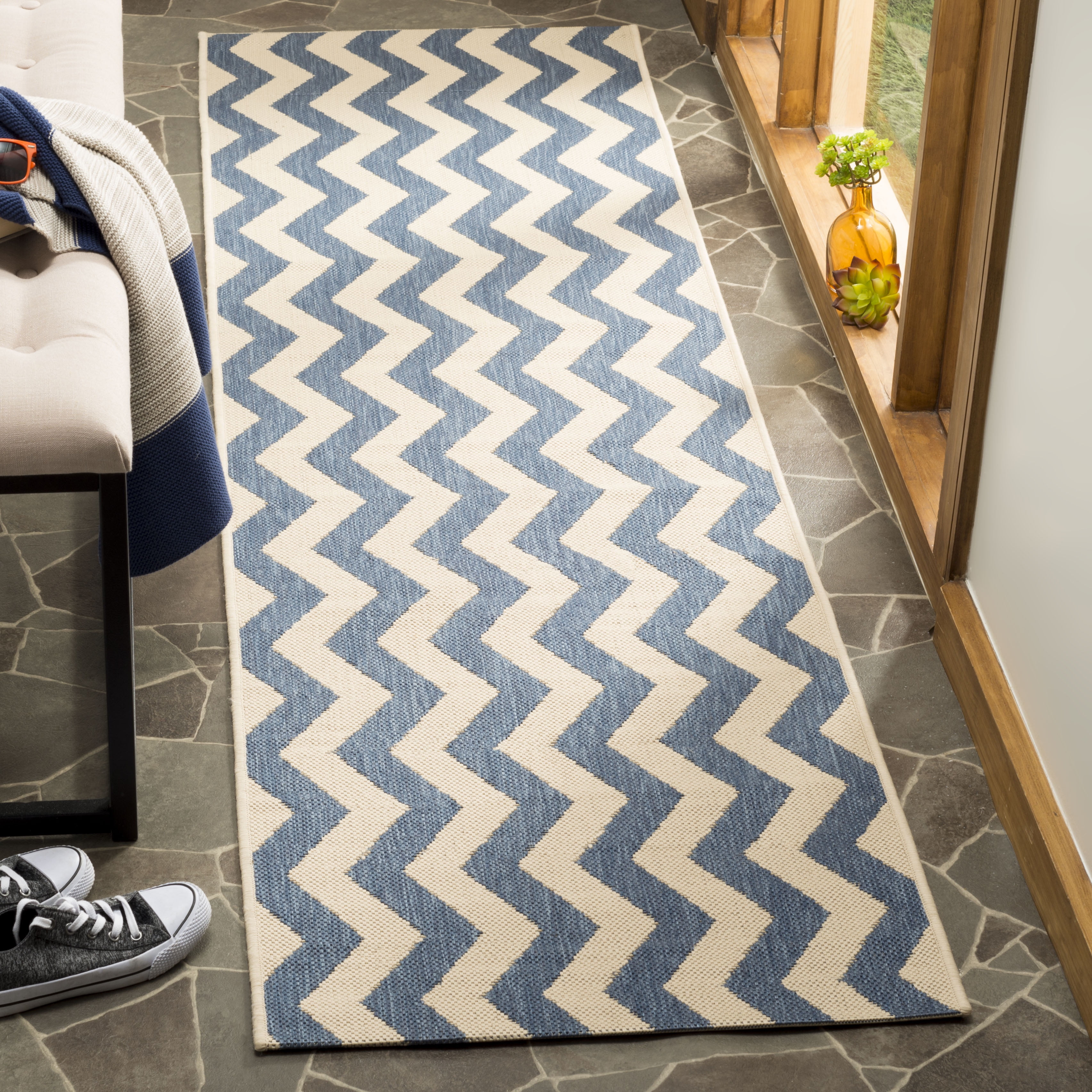 Reversible Flat Woven Blue/Beige Synthetic Runner Rug 2'3" x 8'