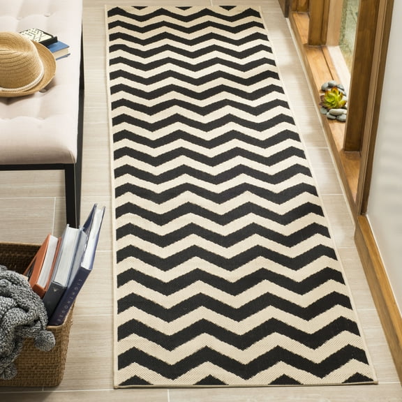 SAFAVIEH Courtyard Bailey Chevron Indoor/Outdoor Runner Rug, Black/Beige, 2'3" x 14'