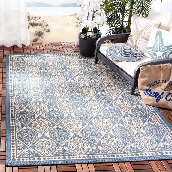 SAFAVIEH Courtyard Barrett Geometric Indoor/Outdoor Area Rug, Blue/Ivory, 8' x 11'