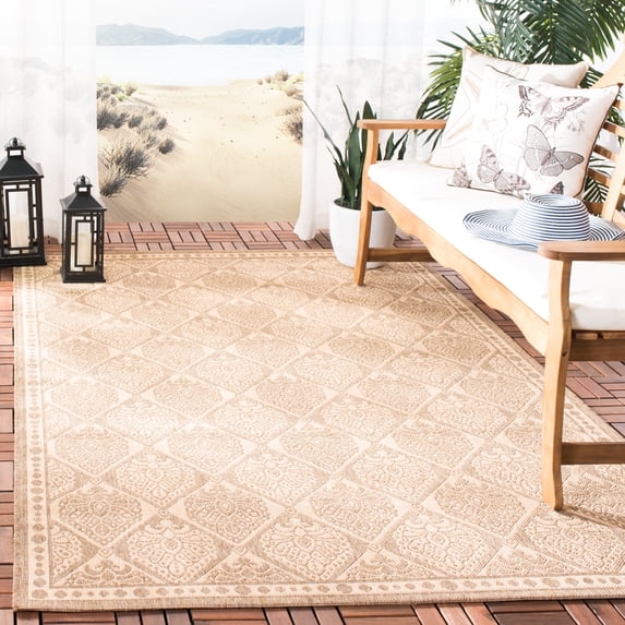 SAFAVIEH Courtyard Barrett Geometric Indoor/Outdoor Area Rug, Coffee/Sand, 6'7" x 9'6"