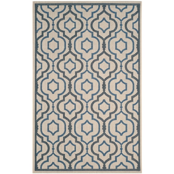 SAFAVIEH Courtyard Bayon Geometric Indoor/Outdoor Area Rug, Beige/Navy, 6'7" x 6'7" Round