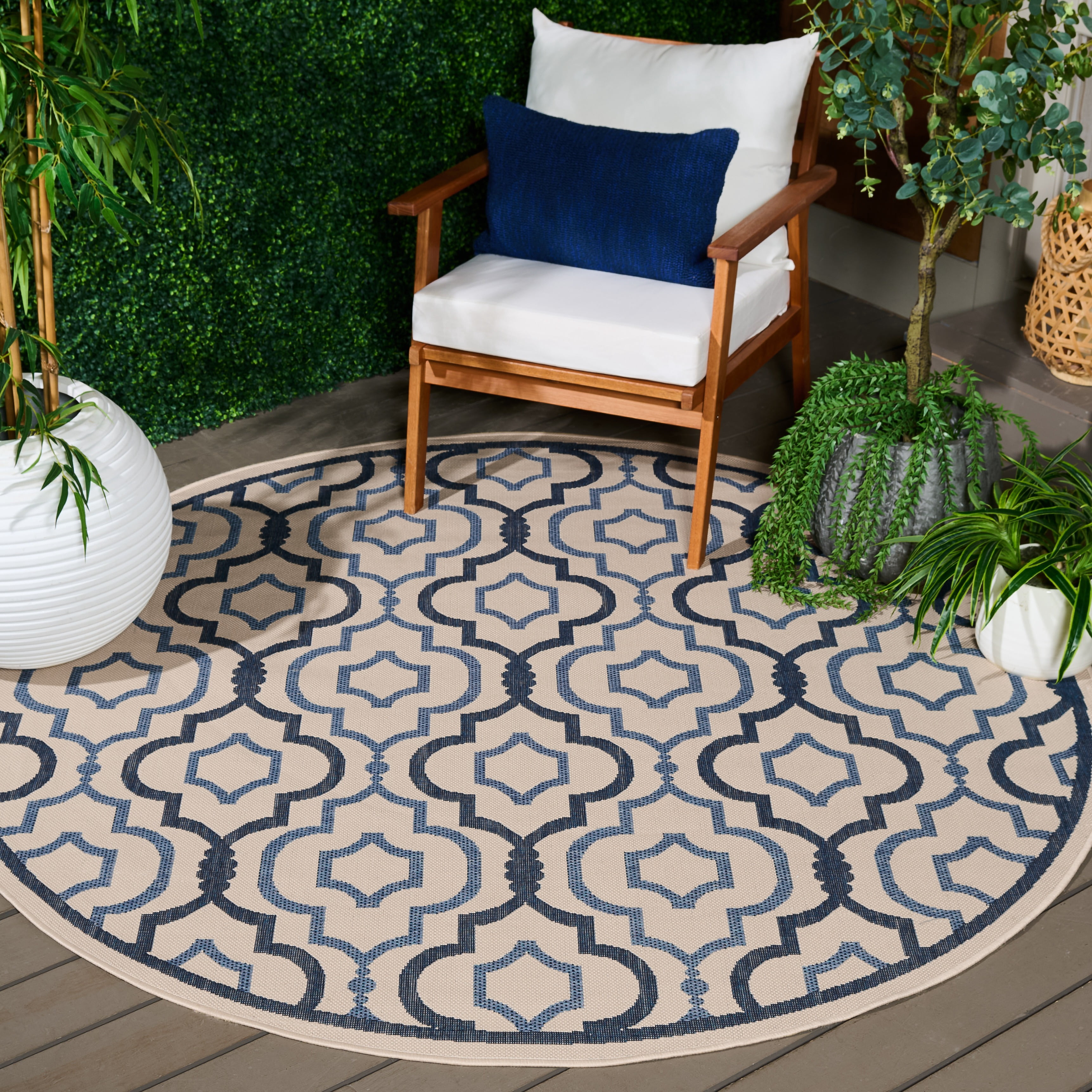 Safavieh Courtyard Bayon Geometric Indoor/Outdoor Area Rug, Beige/Navy, 6'7" x 6'7" Round