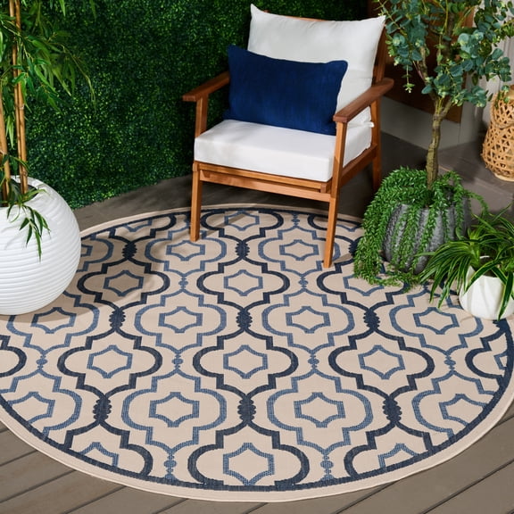 Safavieh Courtyard Bayon Geometric Indoor/Outdoor Area Rug, Beige/Navy, 6'7" x 6'7" Round