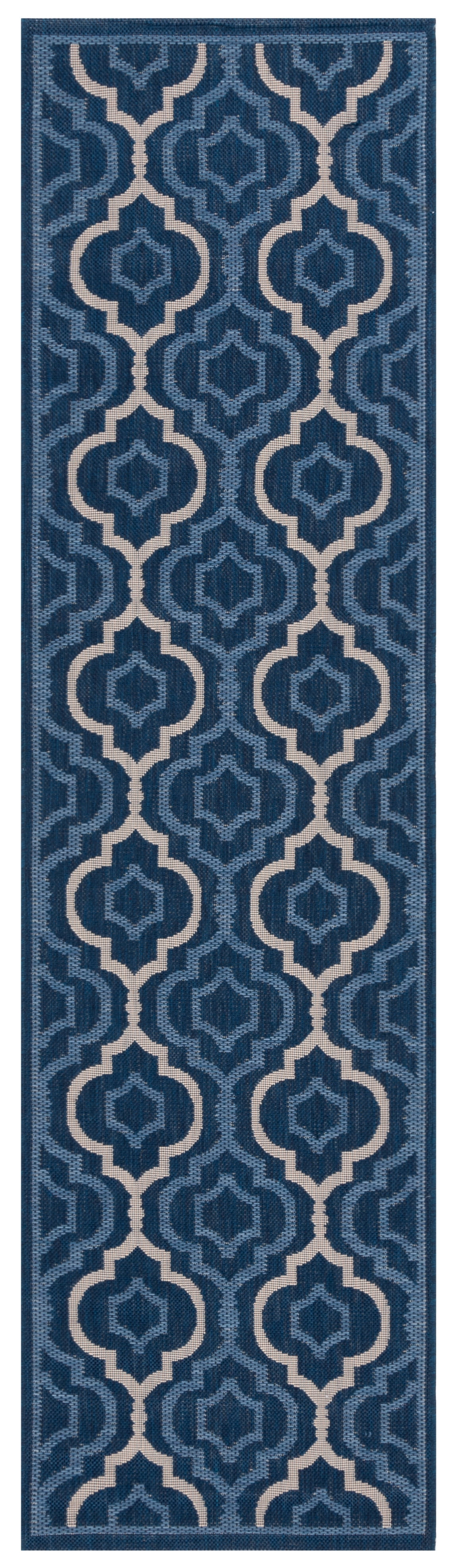 Navy and Beige Geometric Synthetic Indoor/Outdoor Runner Rug