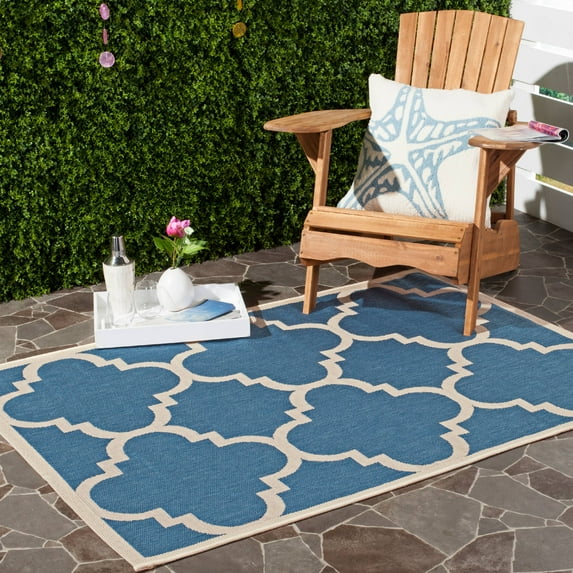 SAFAVIEH Courtyard Becky Geometric Indoor/Outdoor Area Rug, Blue/Beige, 4' x 5'7"