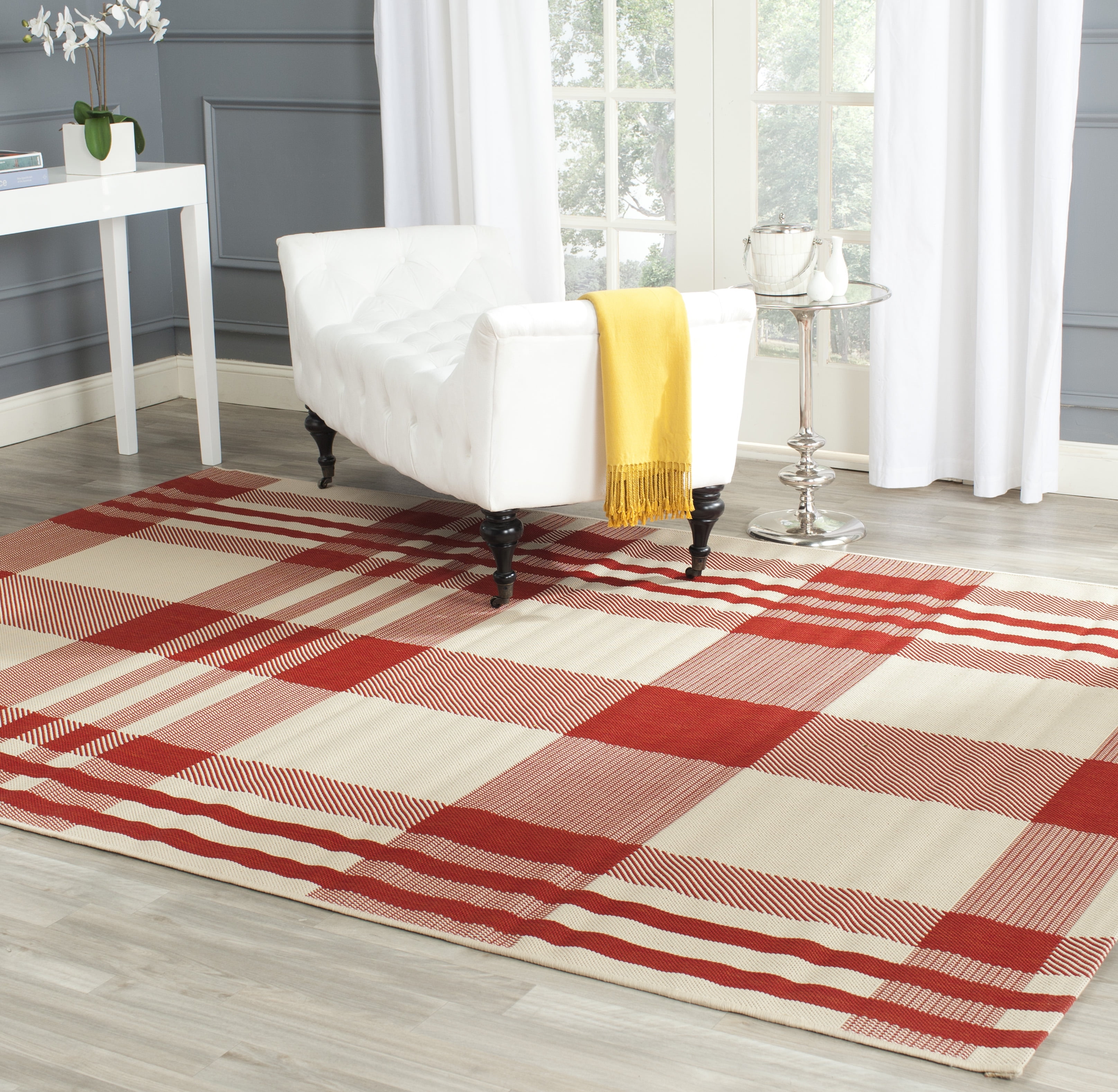 Reversible Red/Bone Synthetic Rectangular Indoor/Outdoor Rug - Easy Care, 8' x 11'