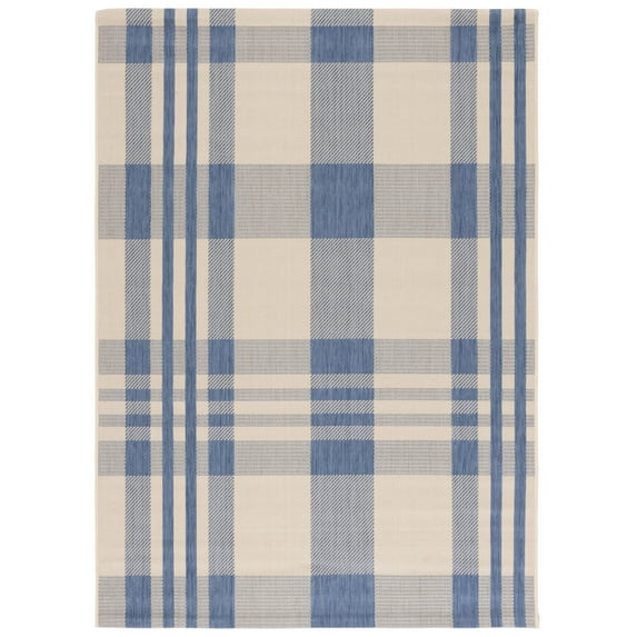 SAFAVIEH Courtyard Benjamin Plaid Indoor/Outdoor Area Rug, Beige/Blue, 6'7" x 9'6"