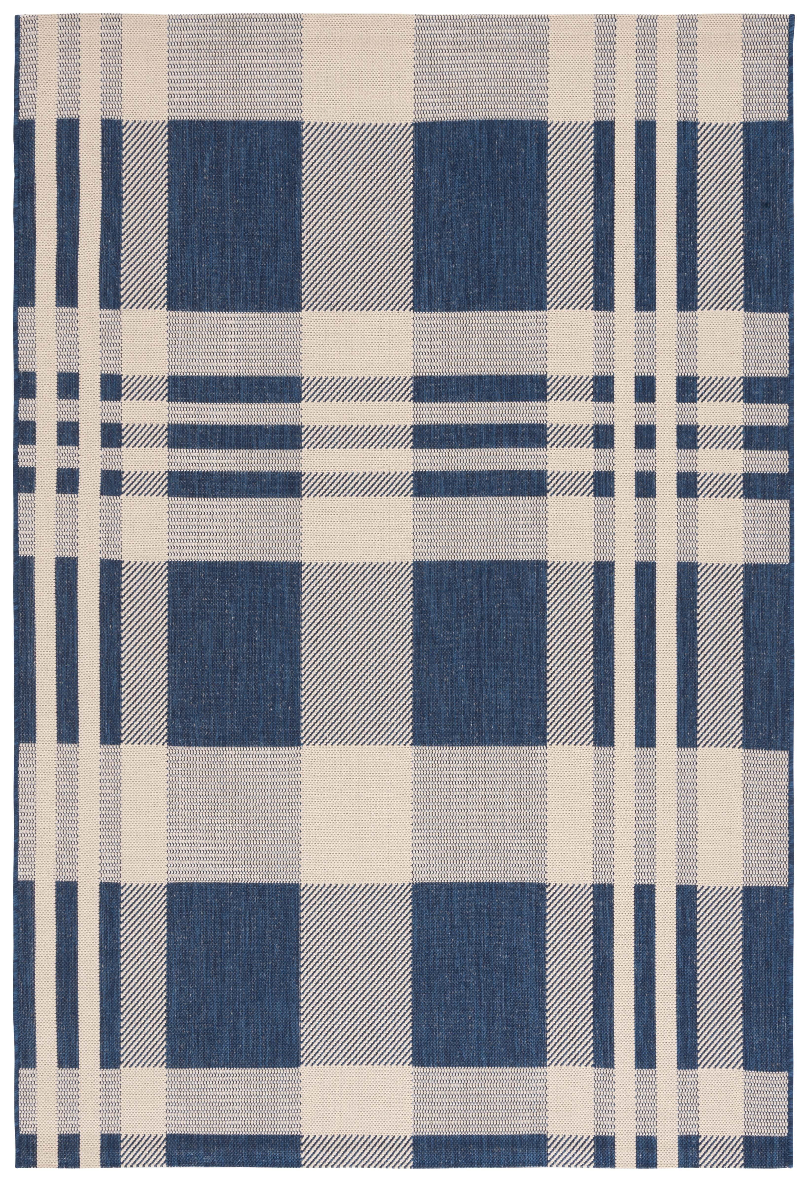 Navy and Beige Plaid Indoor/Outdoor Synthetic Area Rug