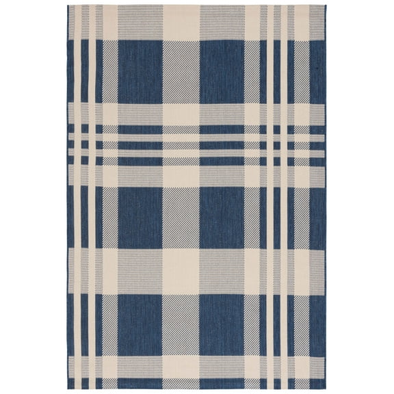 SAFAVIEH Courtyard Benjamin Plaid Indoor/Outdoor Area Rug, Navy/Beige, 6'7" x 9'6"