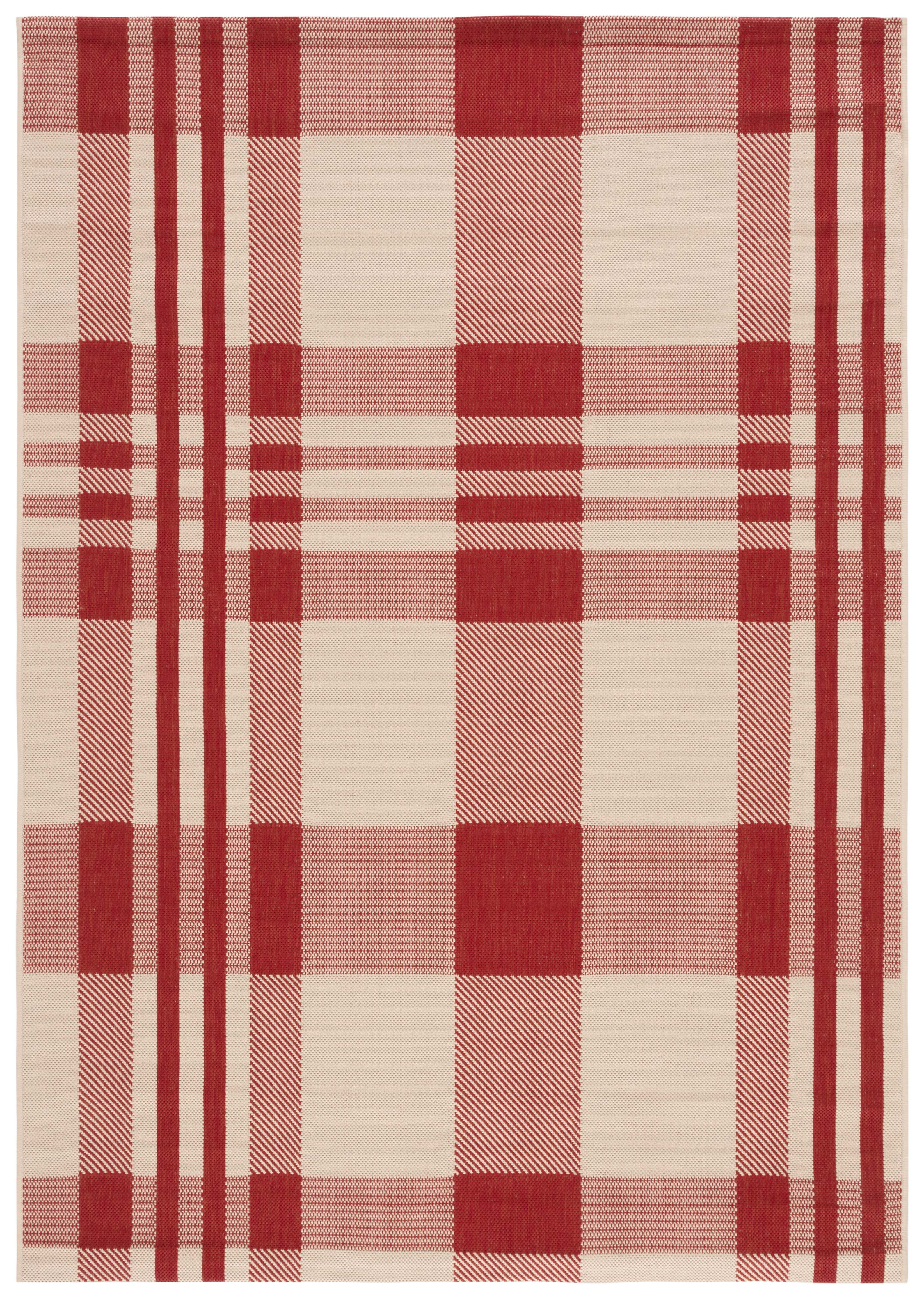 Red and Bone Plaid Indoor/Outdoor Synthetic Rug