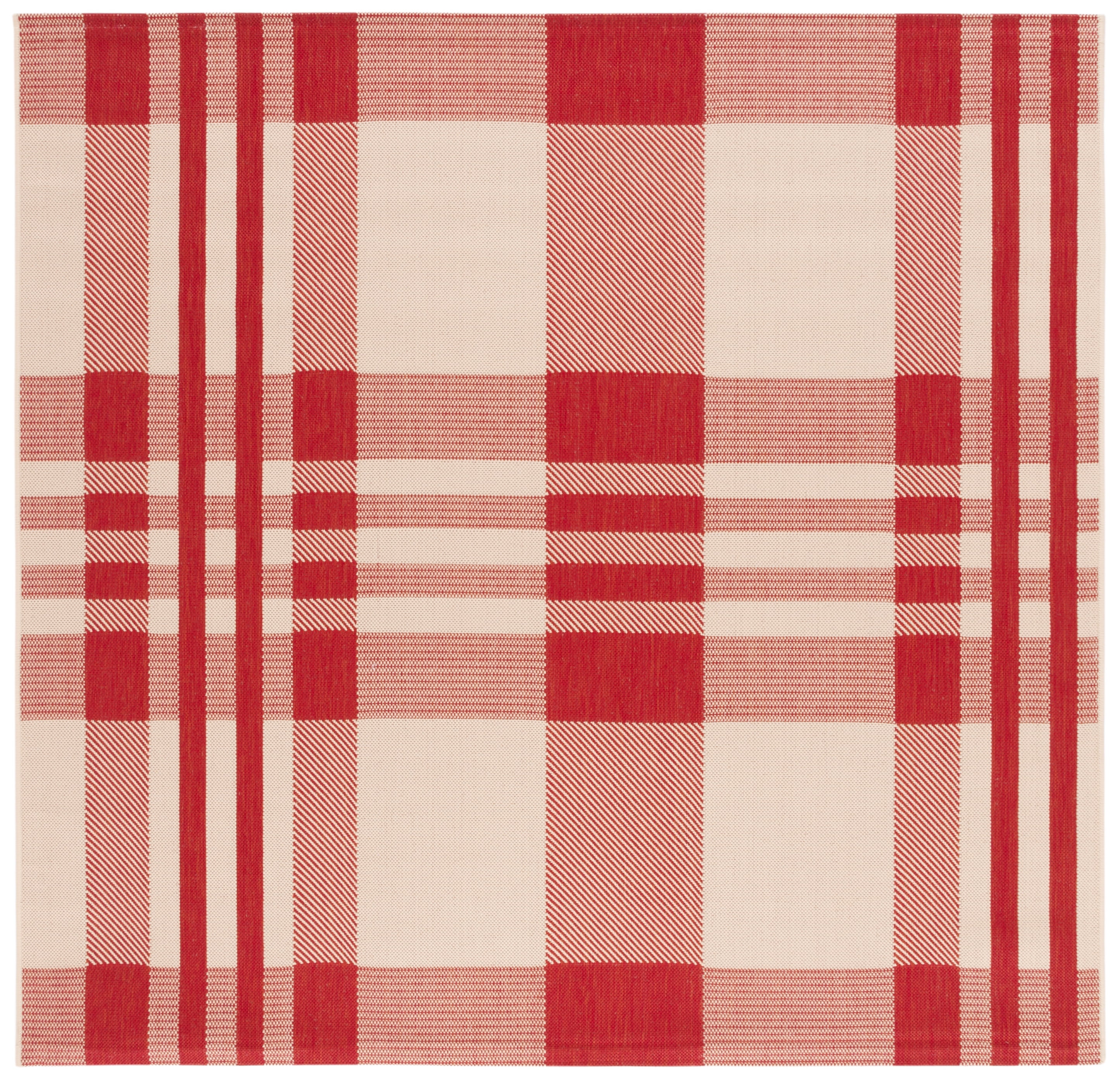 Red and Bone Plaid Synthetic Square Indoor/Outdoor Rug