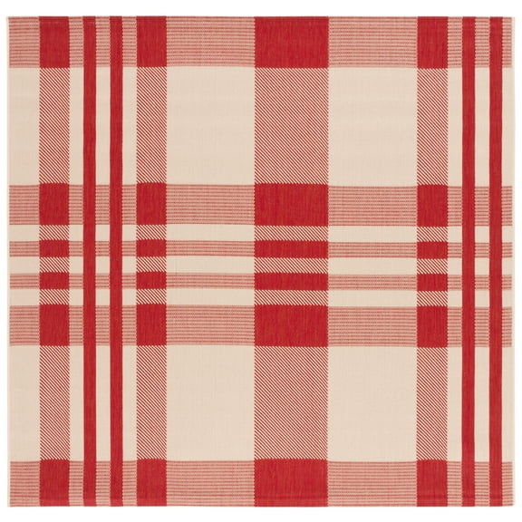 SAFAVIEH Courtyard Benjamin Plaid Indoor/Outdoor Area Rug, Red/Bone, 7'10" x 7'10" Square
