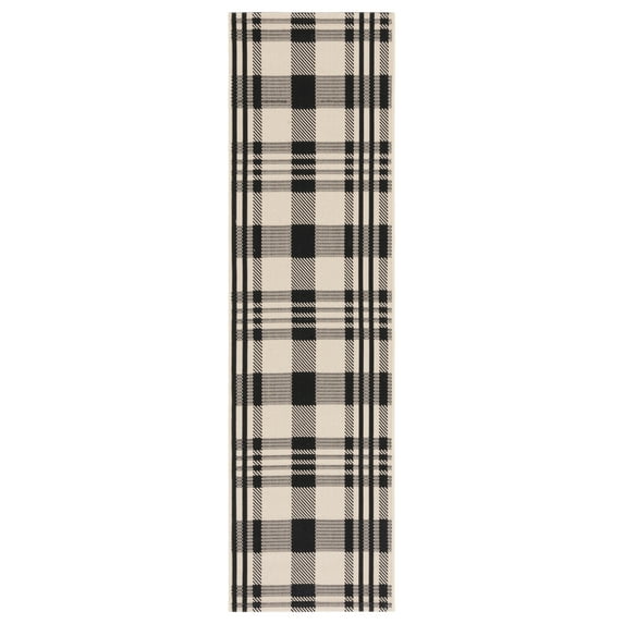 SAFAVIEH Courtyard Benjamin Plaid Indoor/Outdoor Runner Rug, Black/Bone, 2'3" x 12'