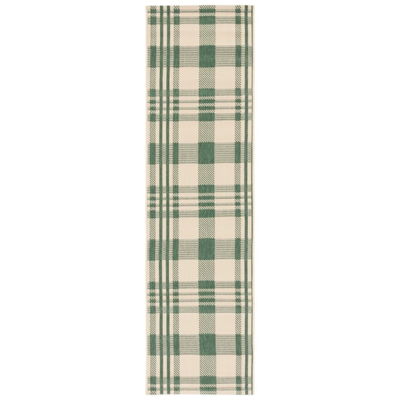 SAFAVIEH Courtyard Benjamin Plaid Indoor/Outdoor Runner Rug, Green/Beige, 2'3" x 12'