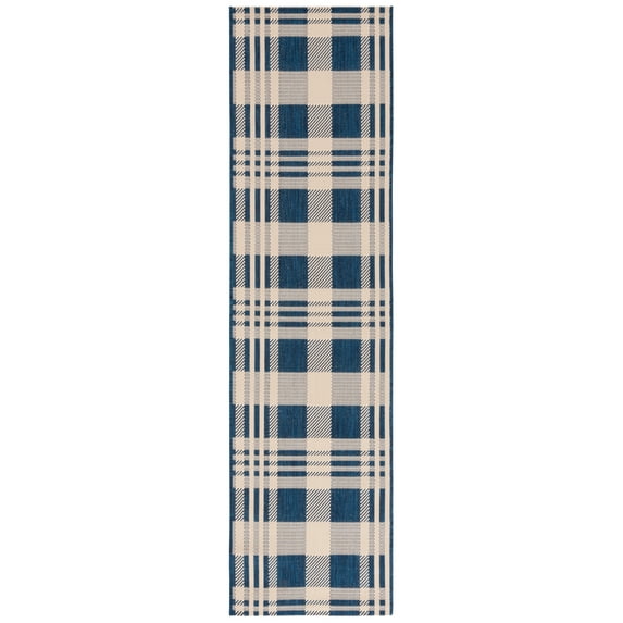 SAFAVIEH Courtyard Benjamin Plaid Indoor/Outdoor Runner Rug, Navy/Beige, 2'3" x 12'