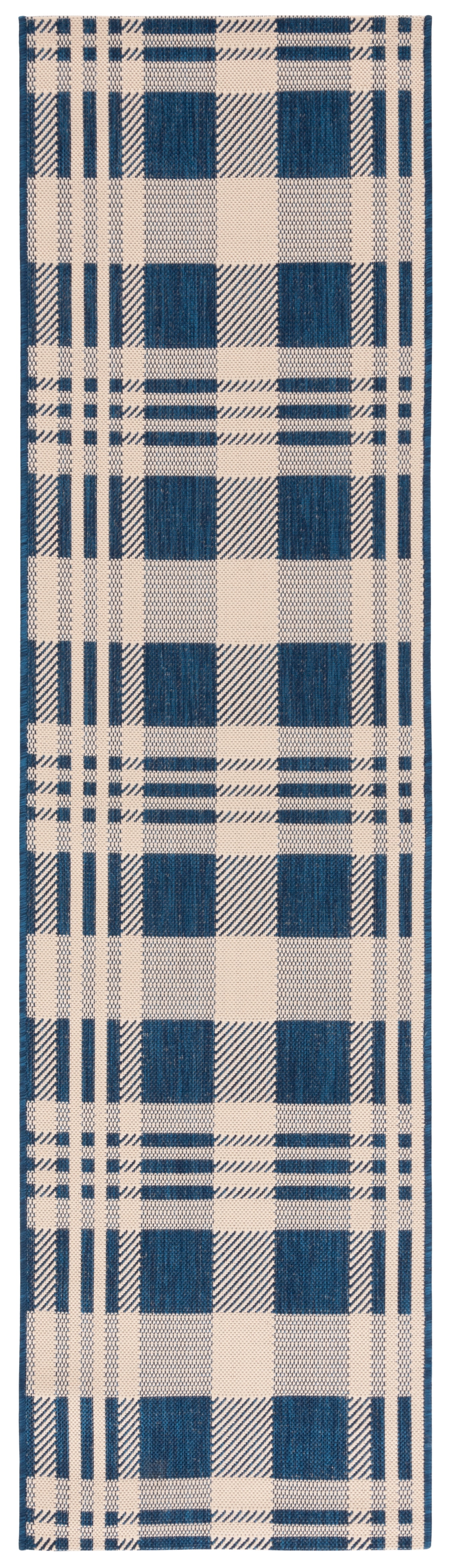 Navy and Beige Plaid Synthetic Runner Rug, 2'3" x 6'7"