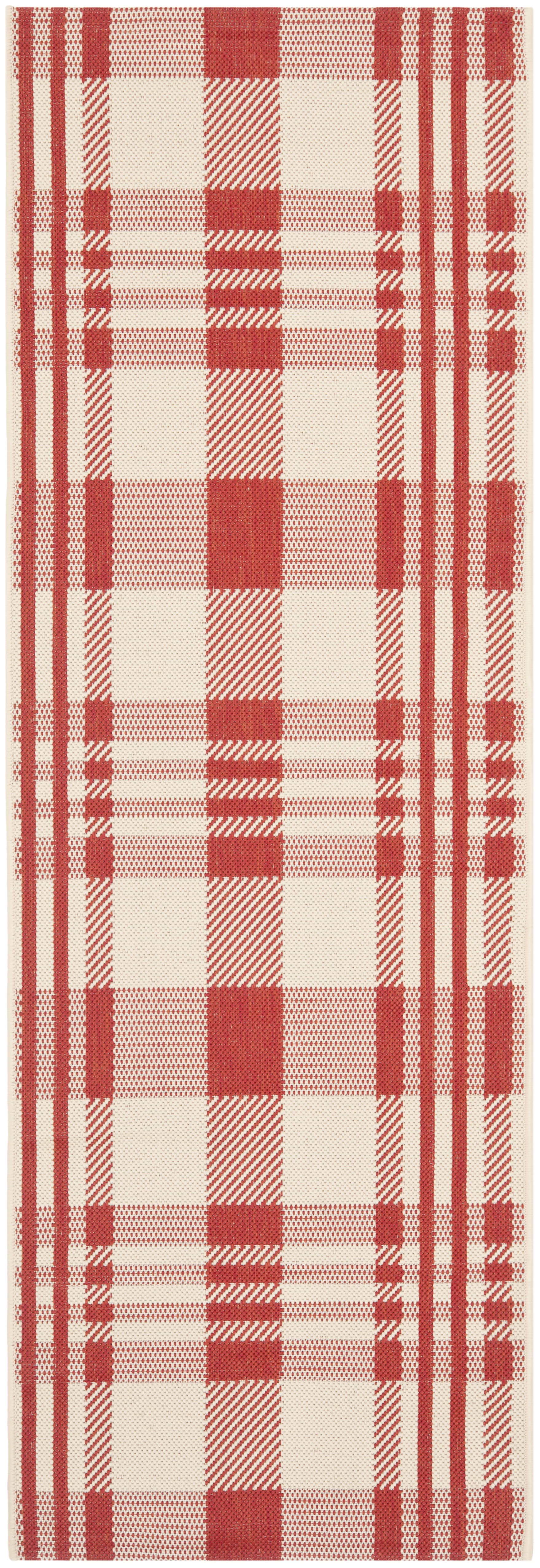 Red and Bone-White Plaid Easy Care Synthetic Rug