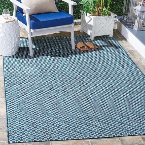 SAFAVIEH Courtyard Blair Checkered Indoor/Outdoor Area Rug, Turquoise/Light Grey, 2' x 3'7"