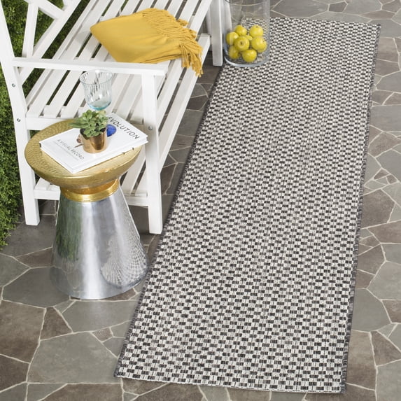SAFAVIEH Courtyard Blair Checkered Indoor/Outdoor Runner Rug, Black/Light Grey, 2'3" x 5'