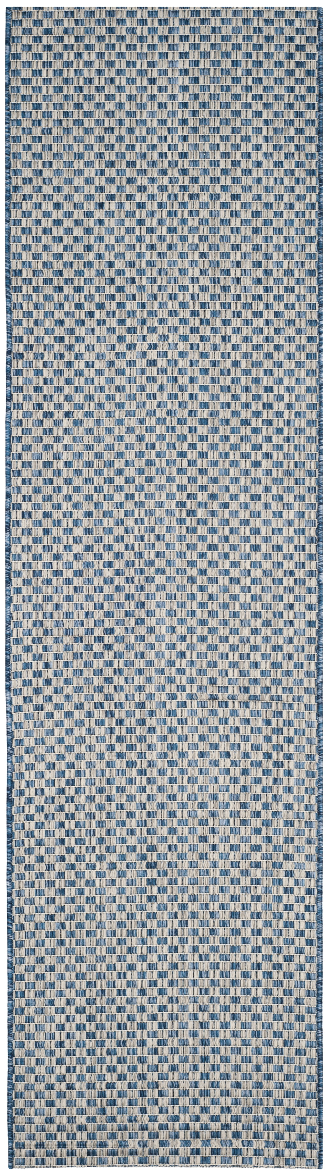 Blue and Light Grey Checkered Indoor/Outdoor Runner Rug