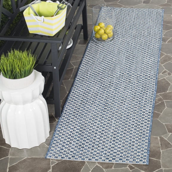 SAFAVIEH Courtyard Blair Checkered Indoor/Outdoor Runner Rug, Blue/Light Grey, 2'3" x 5'