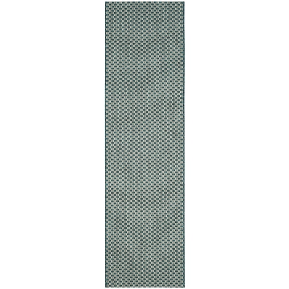 SAFAVIEH Courtyard Blair Checkered Indoor/Outdoor Runner Rug, Turquoise/Light Grey, 2'3" x 18'