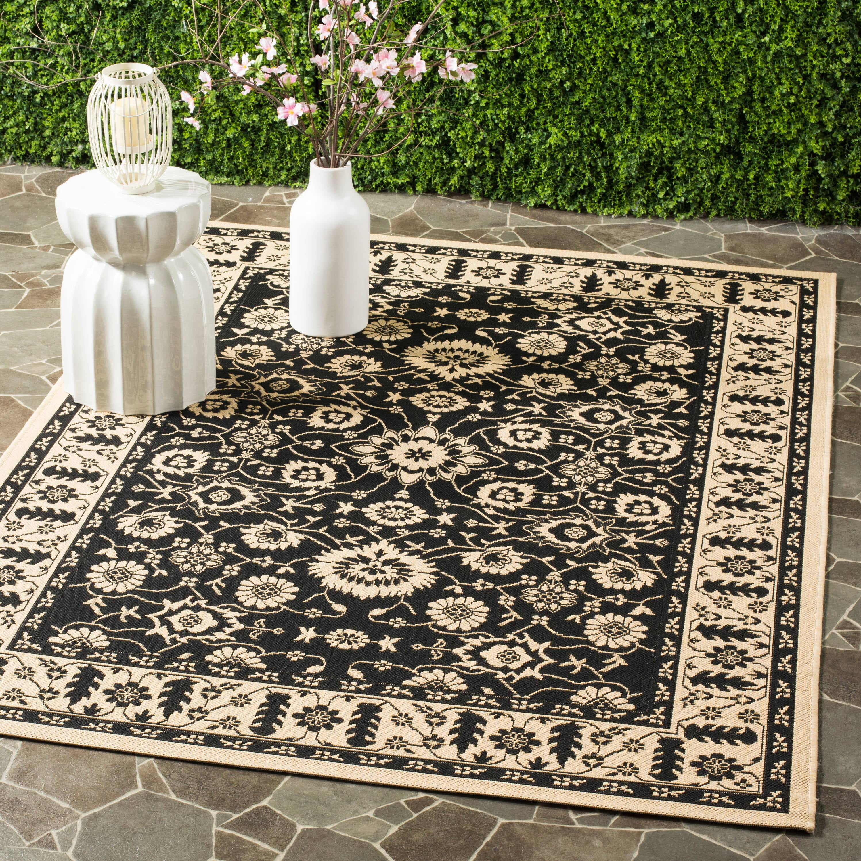 Black Rectangular Synthetic Outdoor Area Rug with Floral Motif