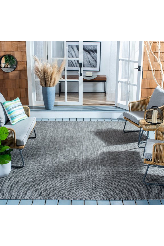 Courtyard Blazhe Chevron Indoor/Outdoor Area Rug, Black/Beige, 9' x 12'