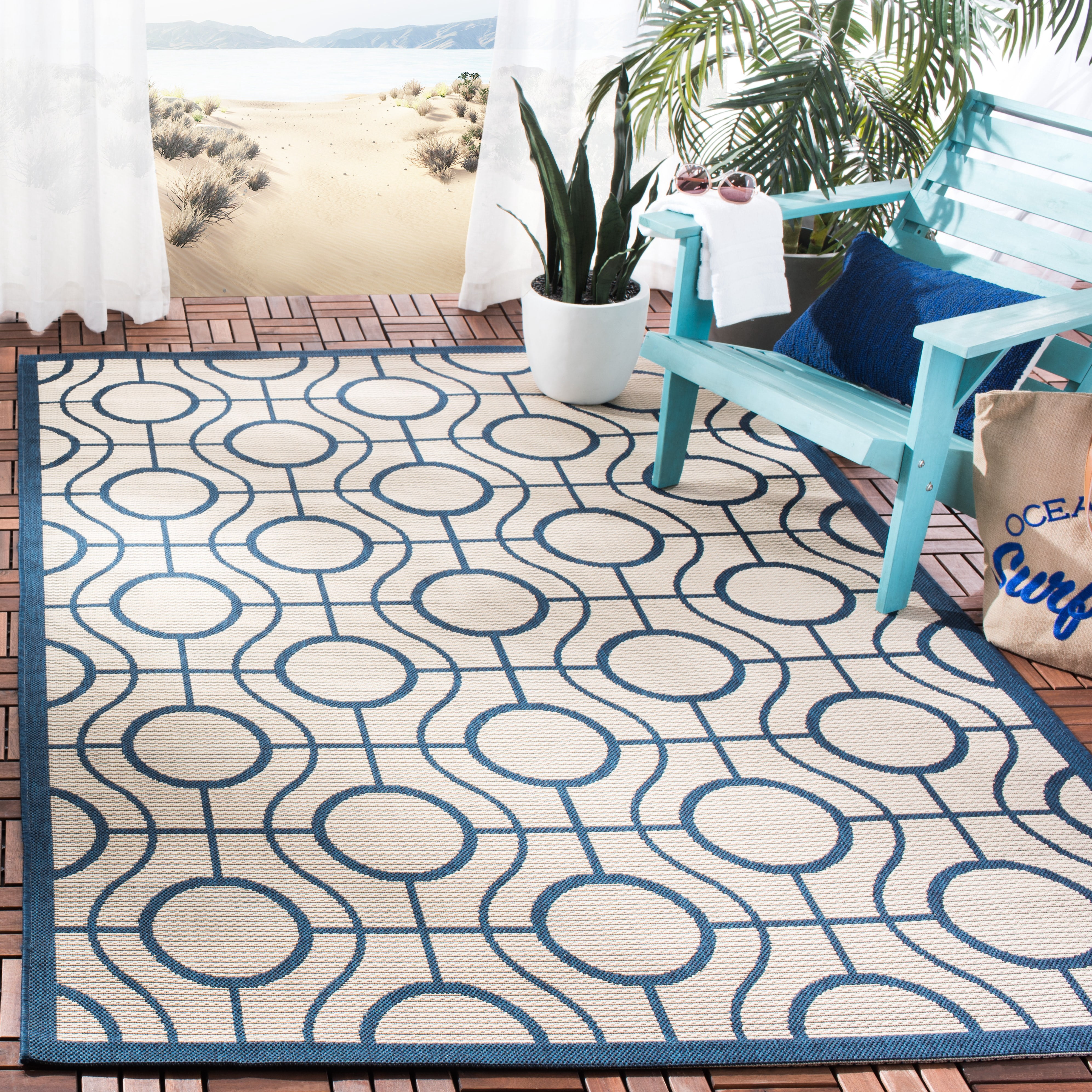 Safavieh Courtyard Brian Geometric Indoor/Outdoor Area Rug, Beige/Navy, 8' x 11'
