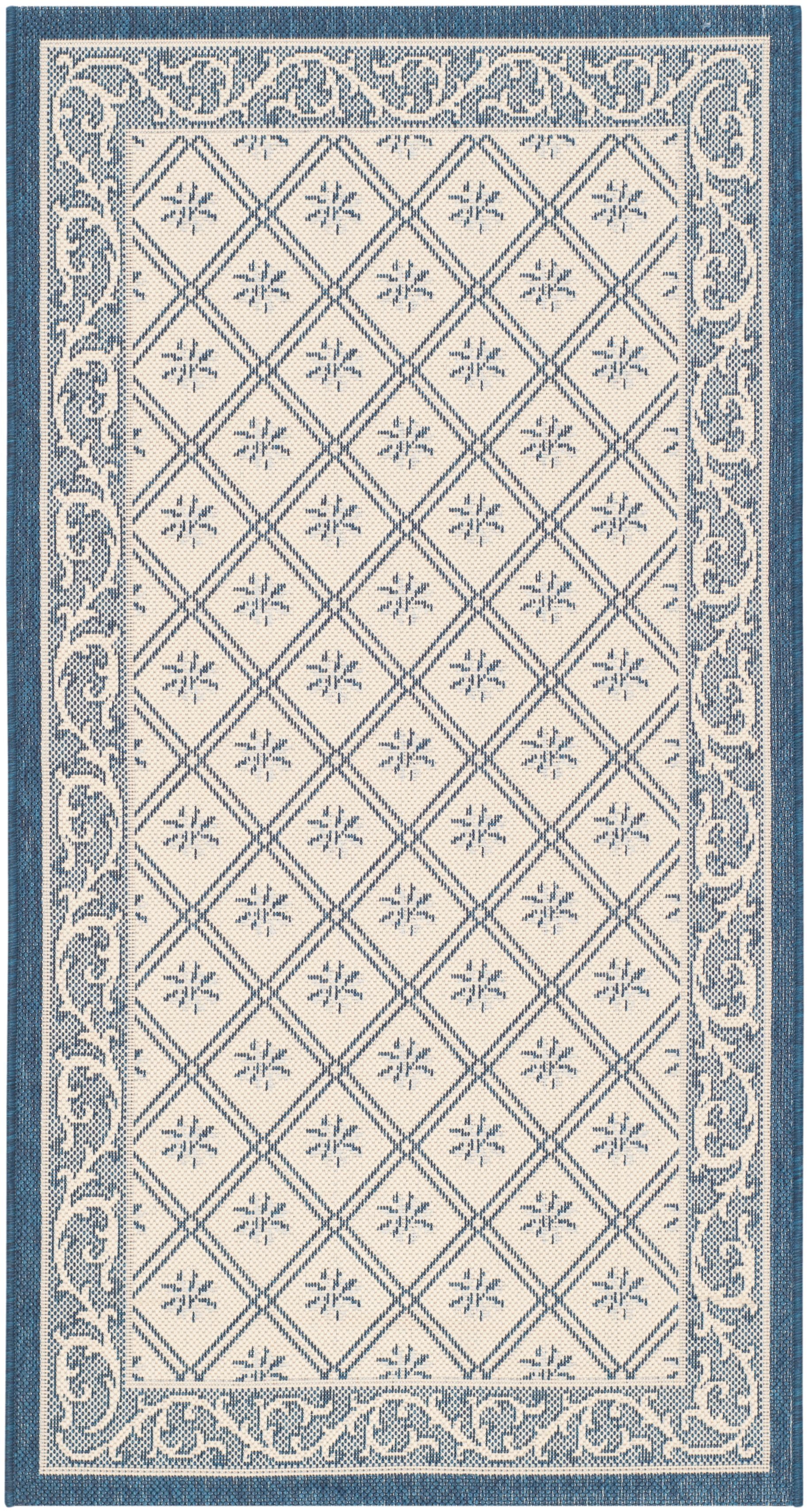 Navy and Beige Floral Border Rectangular Outdoor Rug