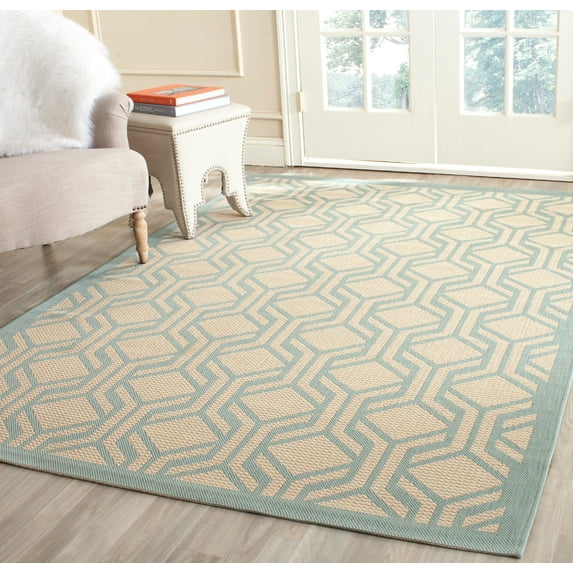 SAFAVIEH Courtyard Bristol Geometric Indoor/Outdoor Area Rug, Beige/Aqua, 4' x 5'7"