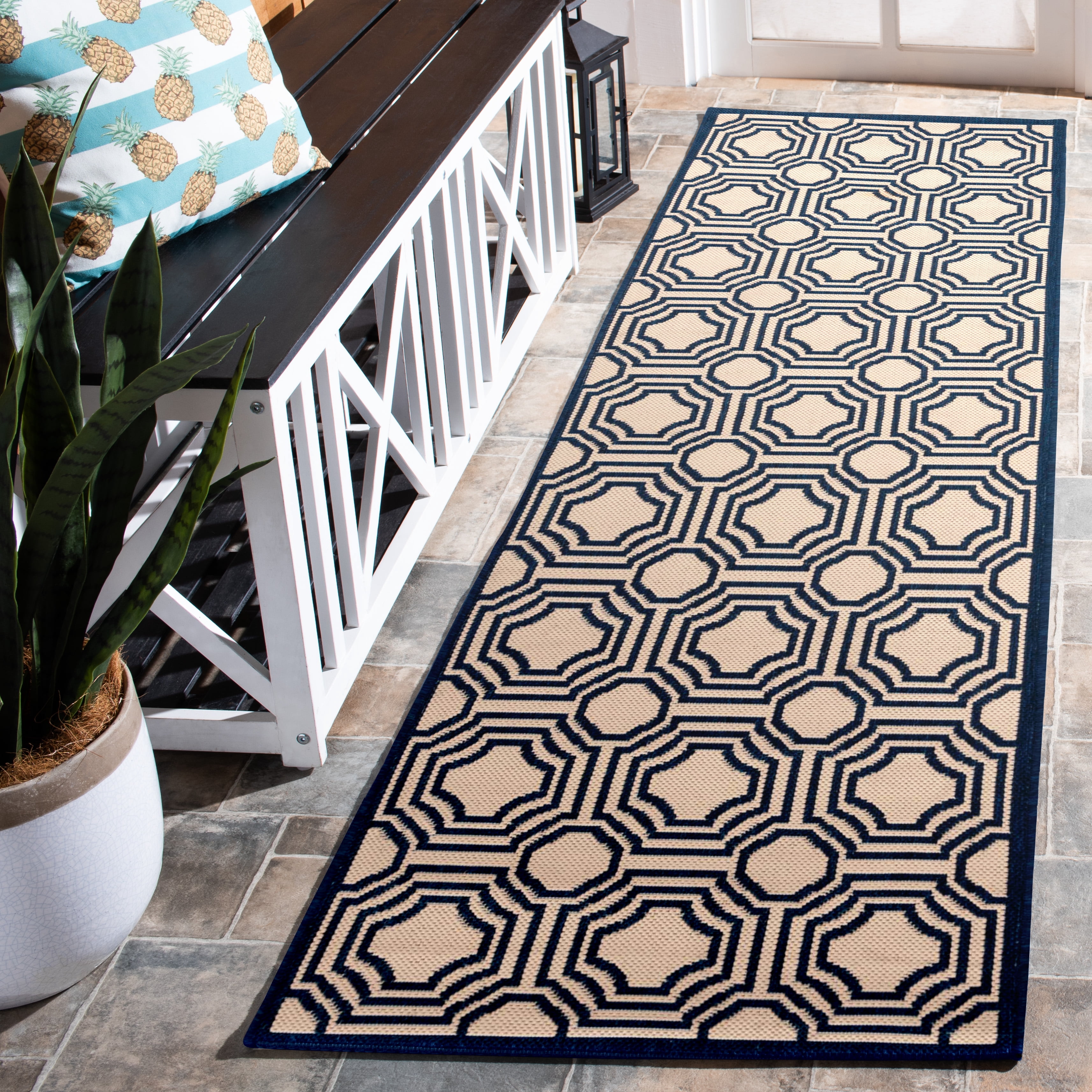 Safavieh Courtyard Brooklyn Geometric Indoor/Outdoor Runner Rug, Beige/Navy, 2'3" x 6'7"