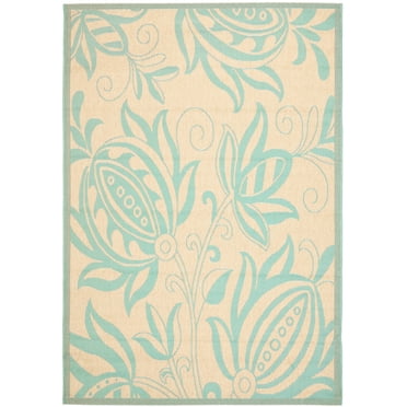 SAFAVIEH Courtyard Bryanna Abstract Floral Indoor/Outdoor Area Rug, 4' x 5'7", Cream/Aqua