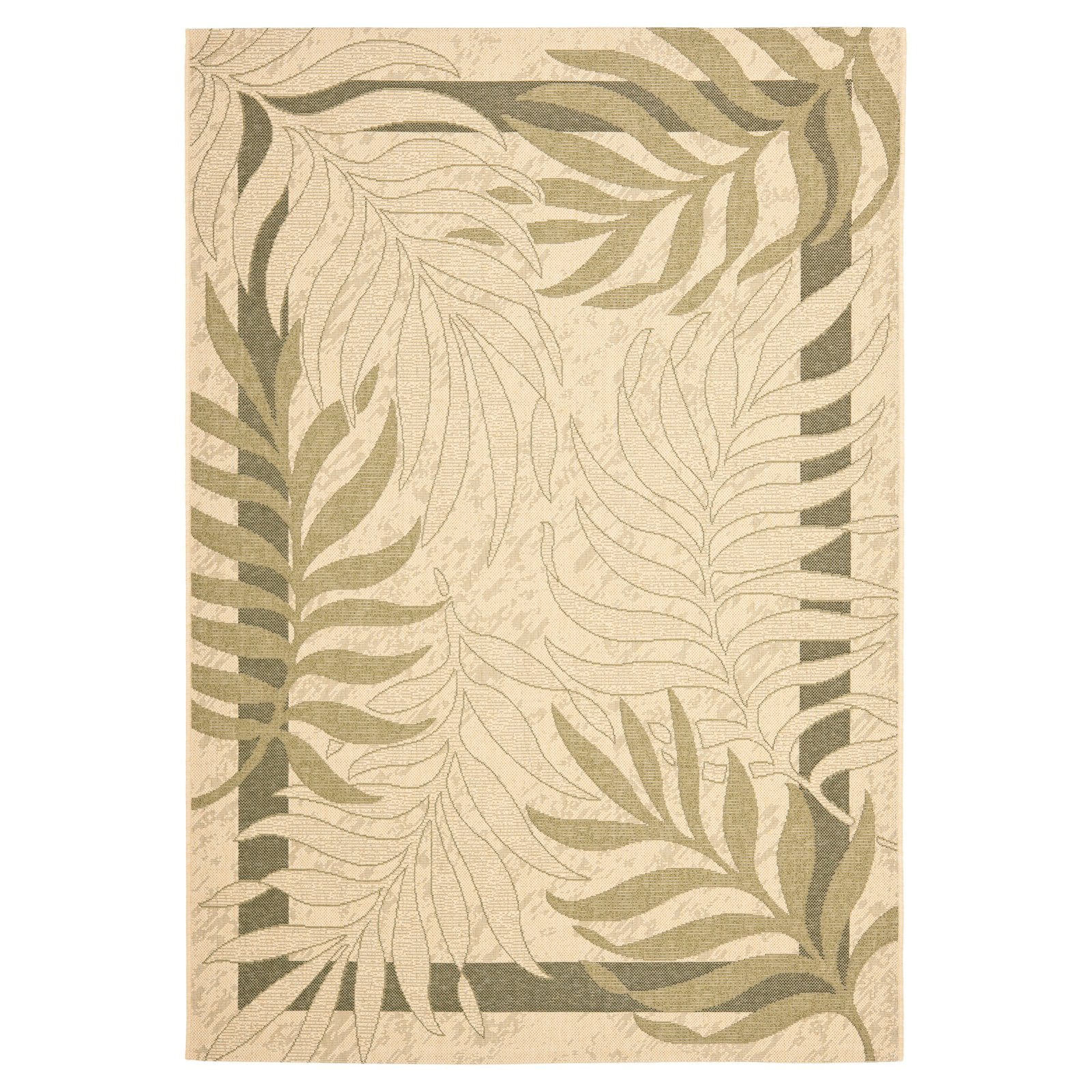 Cream and Green Floral Synthetic Indoor/Outdoor Area Rug, 8' x 11'