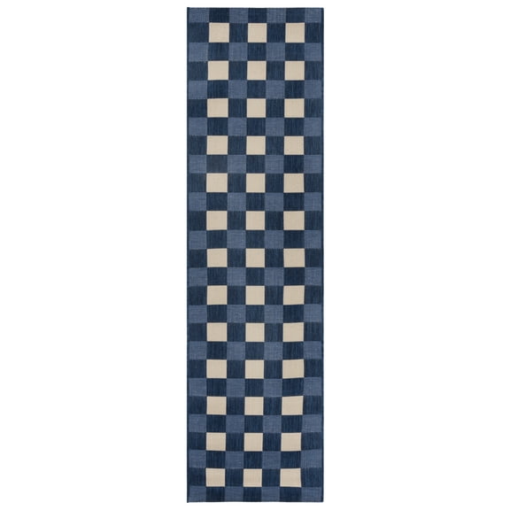 SAFAVIEH Courtyard Caitriona Checkered Indoor/Outdoor Runner Rug, Navy/Beige, 2'3" x 6'7"