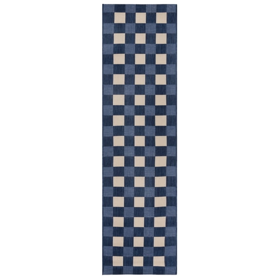 SAFAVIEH Courtyard Caitriona Checkered Indoor/Outdoor Runner Rug, Navy/Beige, 2'3" x 8'